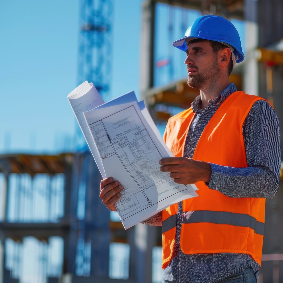 Construction engineer holding blueprints at a building site.